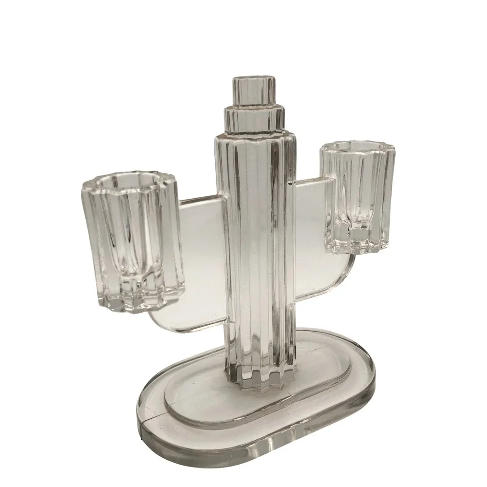 Vintage Heisey Ridgeleigh Art Deco 1930's Pressed Glass Dual Candle Stick Holder